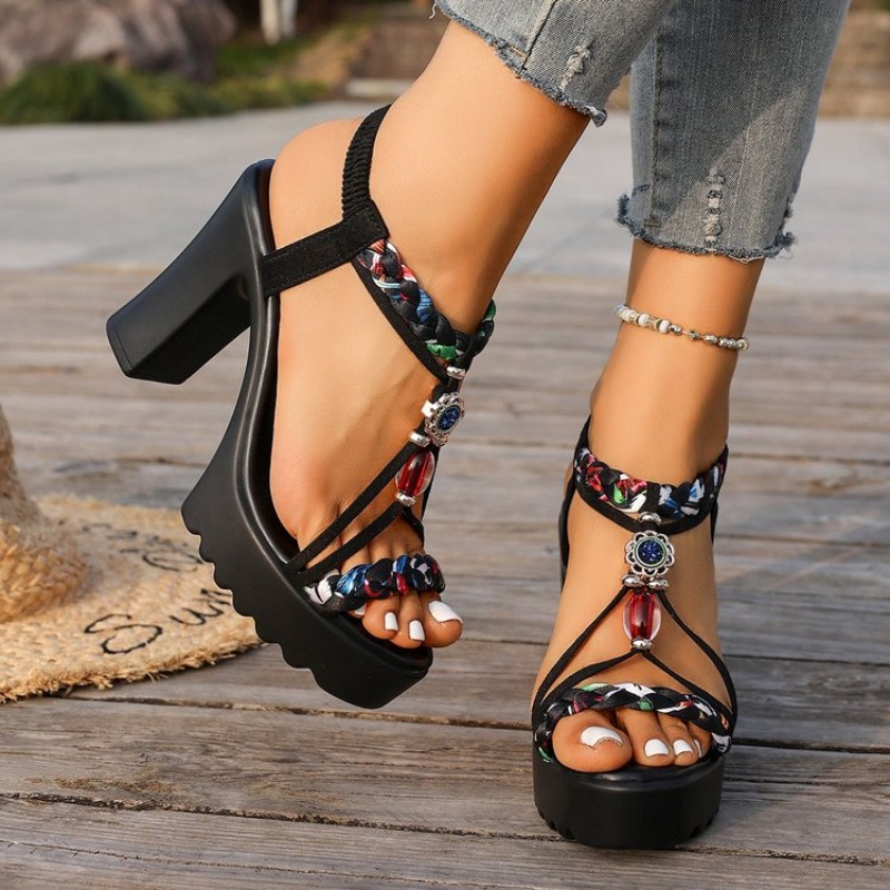 Ethnic Fabric - Sandalias de Tacón Grueso Estilo Étnico