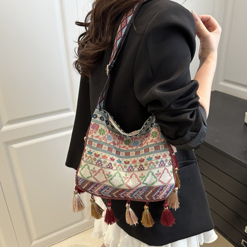 Ethnic Boho Fashion - Bolso Bandolera con Borlas y Estampado