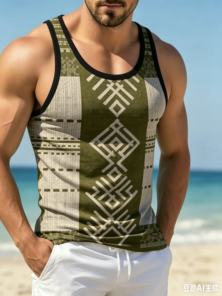 Men'S Ethnic Fashion Trends - Chaleco Étnico Vintage con Estampado Geométrico