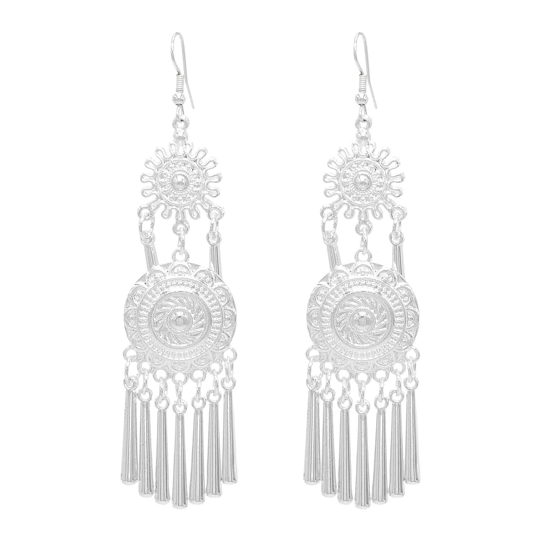 Ethnic Fashion Pakistan - Pendientes largos Miao de aleación plateada