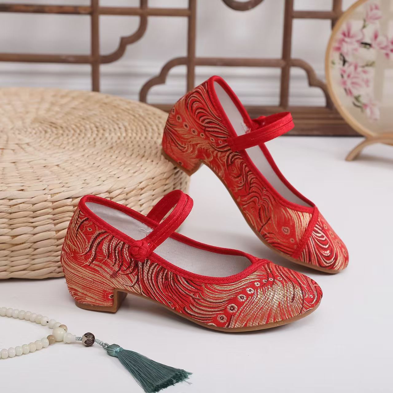 Ethnic Fabric - Zapatos Cheongsam de Tacón Cuadrado con